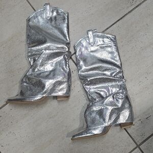Public DESIRE Silver Foldover Wedge Boots